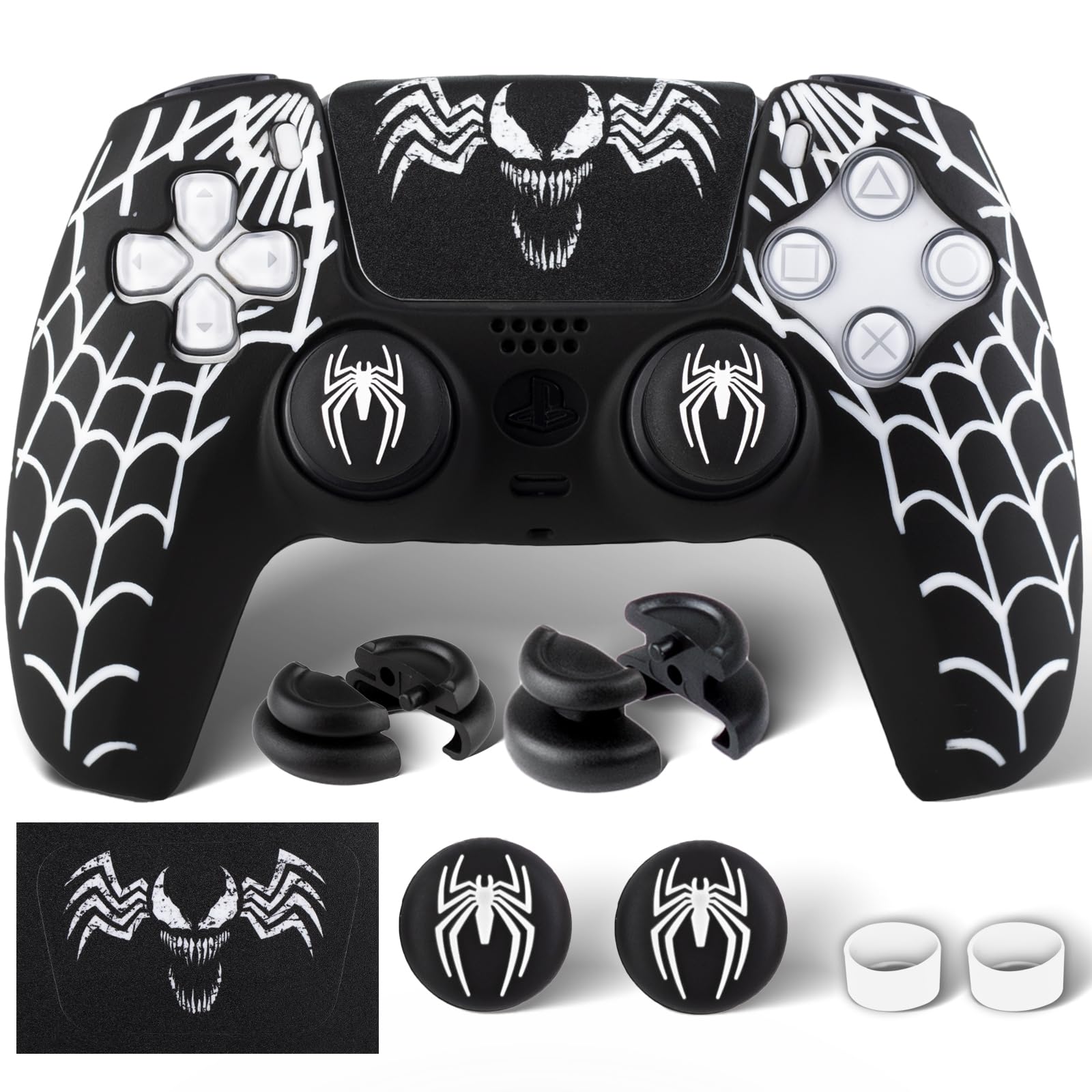PlayRealm Silicone Skin Cover Sticker x 1 & Extender Grips x 2 for PS5 Controller Venom Web