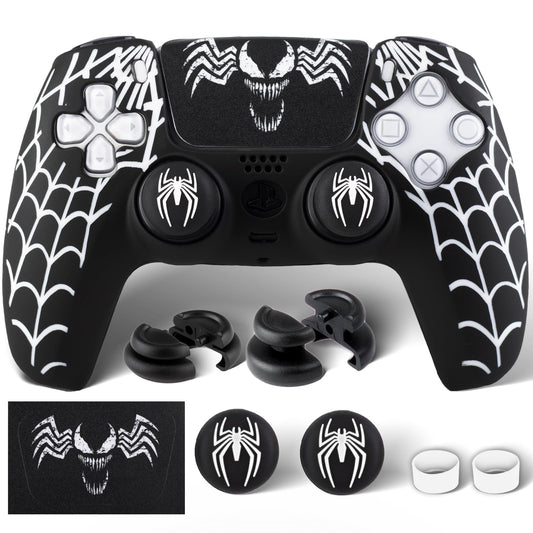 PlayRealm Silicone Skin Cover Sticker x 1 & Extender Grips x 2 for PS5 Controller Venom Web