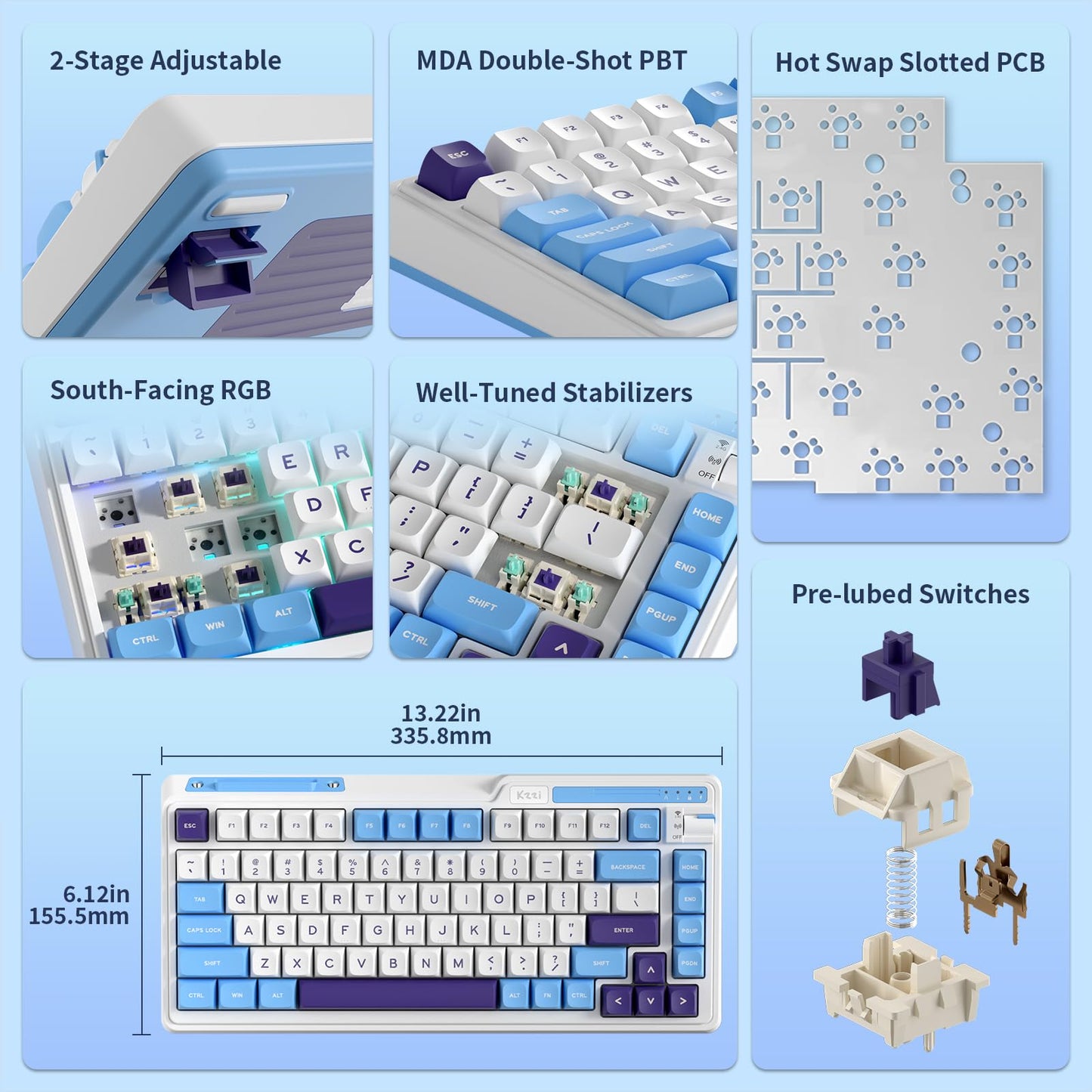 KZZI K75 Lite Wireless Mechanical Keyboard - 75% Gasket Mount, RGB, 82 Keys, BT 5.0/2.4G/USB-C, Grand Sea Blue