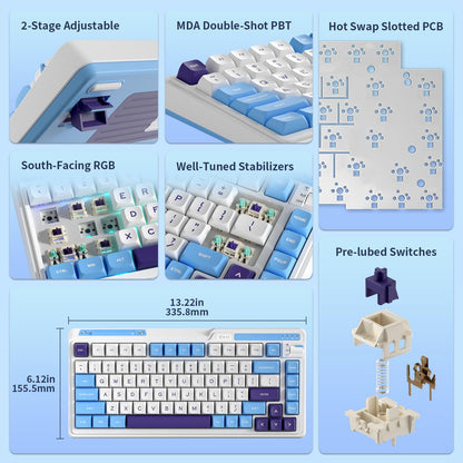 KZZI K75 Lite Wireless Mechanical Keyboard - 75% Gasket Mount, RGB, 82 Keys, BT 5.0/2.4G/USB-C, Grand Sea Blue