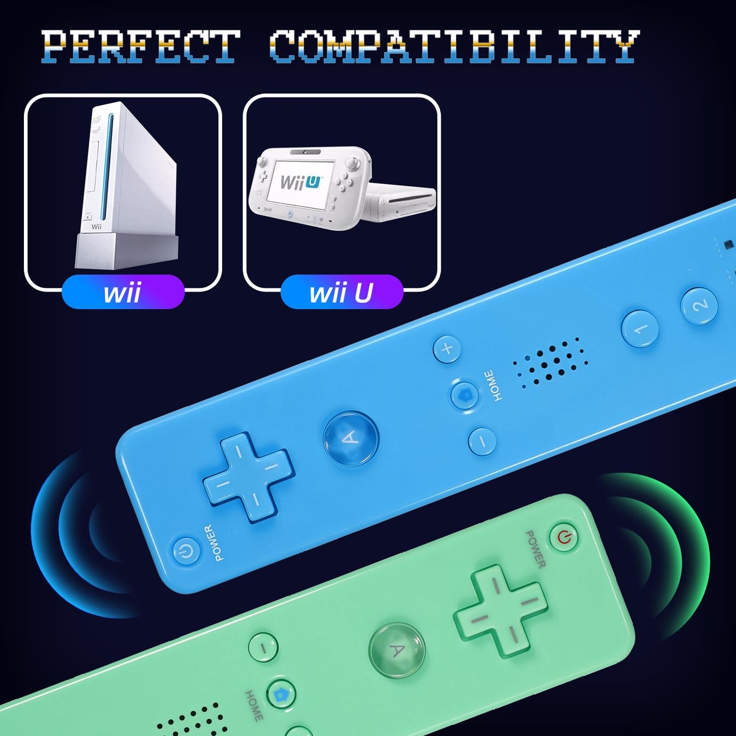 Yosikr Wii Controller 2 Pack - Remote with Silicone Case & Strap, Green & Blue, Compatible with Wii/Wii U