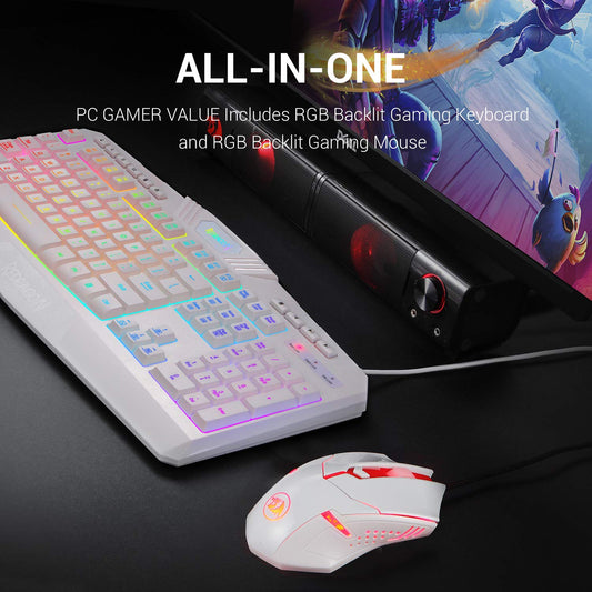 Redragon S101W RGB Backlit Gaming Keyboard and Mouse Combo, Wired, White, Programmable with Macro Keys