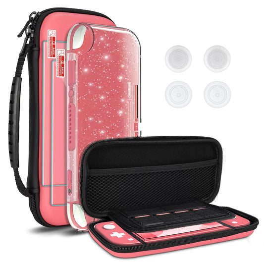 DLseego Carrying Case for Nintendo Switch lite  Newest Design Portable Tpartyl Carrying Case 4 in 1 Accessories Kit with 1 Pcs Glitter case  2 Pcs Screen Protectors and 4 PcsThumb Grips Caps -- Pink