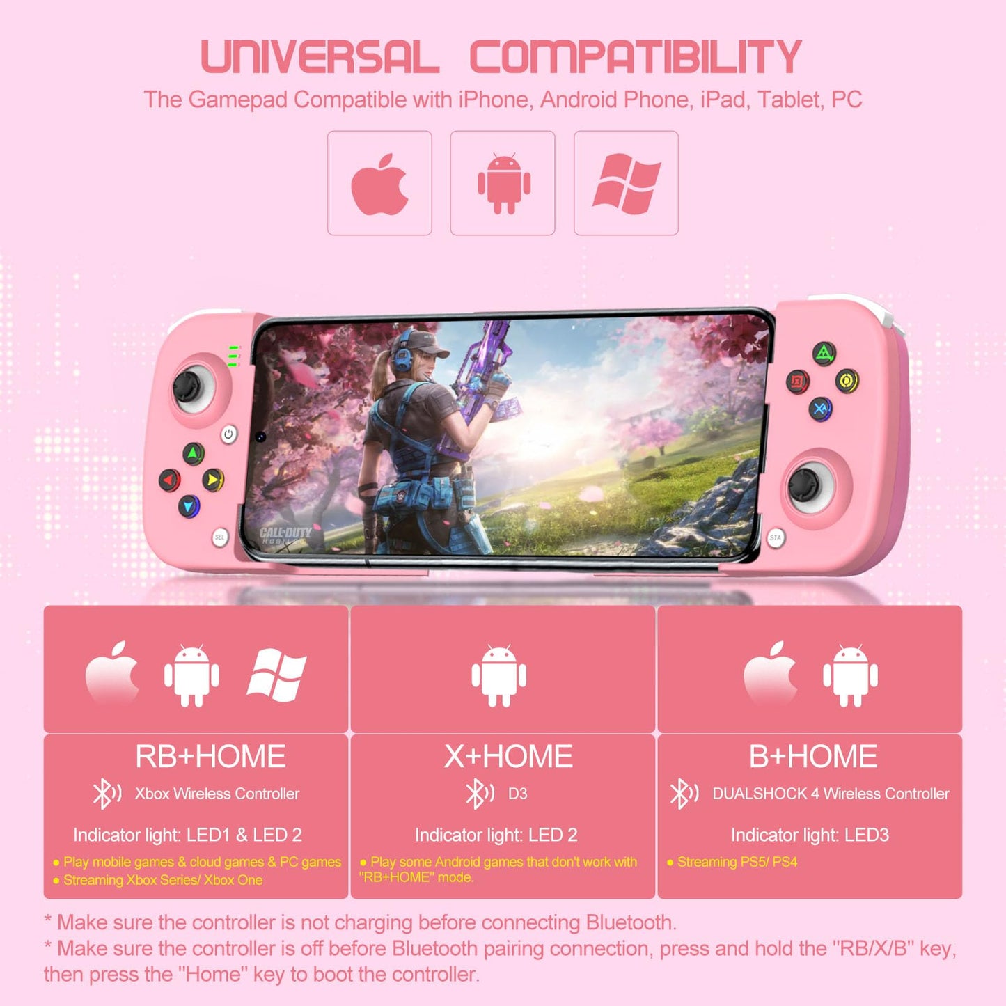 Joso Mobile Gaming Controller for iPhone/Android - Wireless Gamepad, Ergonomic Design, Pink, Model BSP-D3