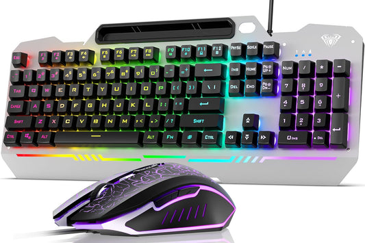 AULA Keyboard  T102 104 Keys Gaming Keyboard and Mouse Combo with RGB Backlit Quiet Computer Keyboard  All-Metal Panel  Waterproof Light Up PC Keyboard  USB Wired Keyboard Gaming for MAC Xbox PC Gamer