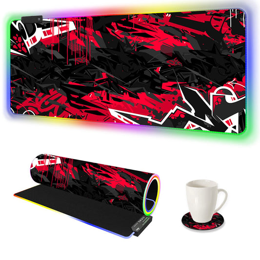 AIMSA Large RGB Gaming Mouse Pad - 35.4 x 15.8, Non-Slip Rubber Base, 14 Lighting Modes, Waterproof, Red Black