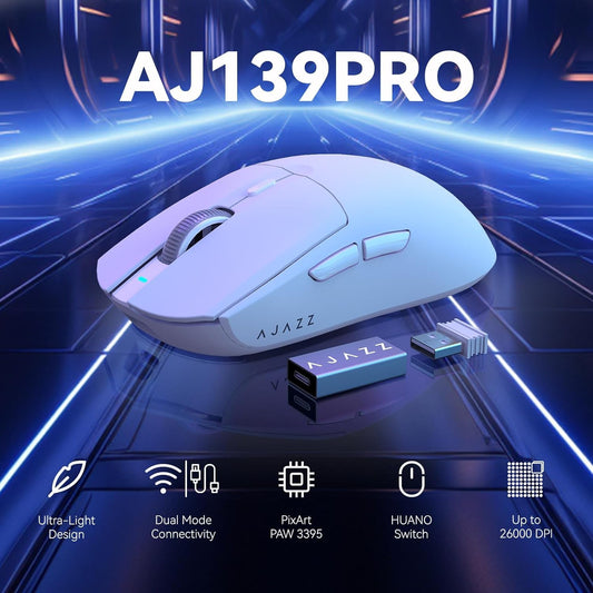 A.JAZZ AJ139 G Pro 4K Wireless Gaming Mouse, Ultra-Lightweight, 26000DPI, Dual Mode, Ergonomic Symmetric, White