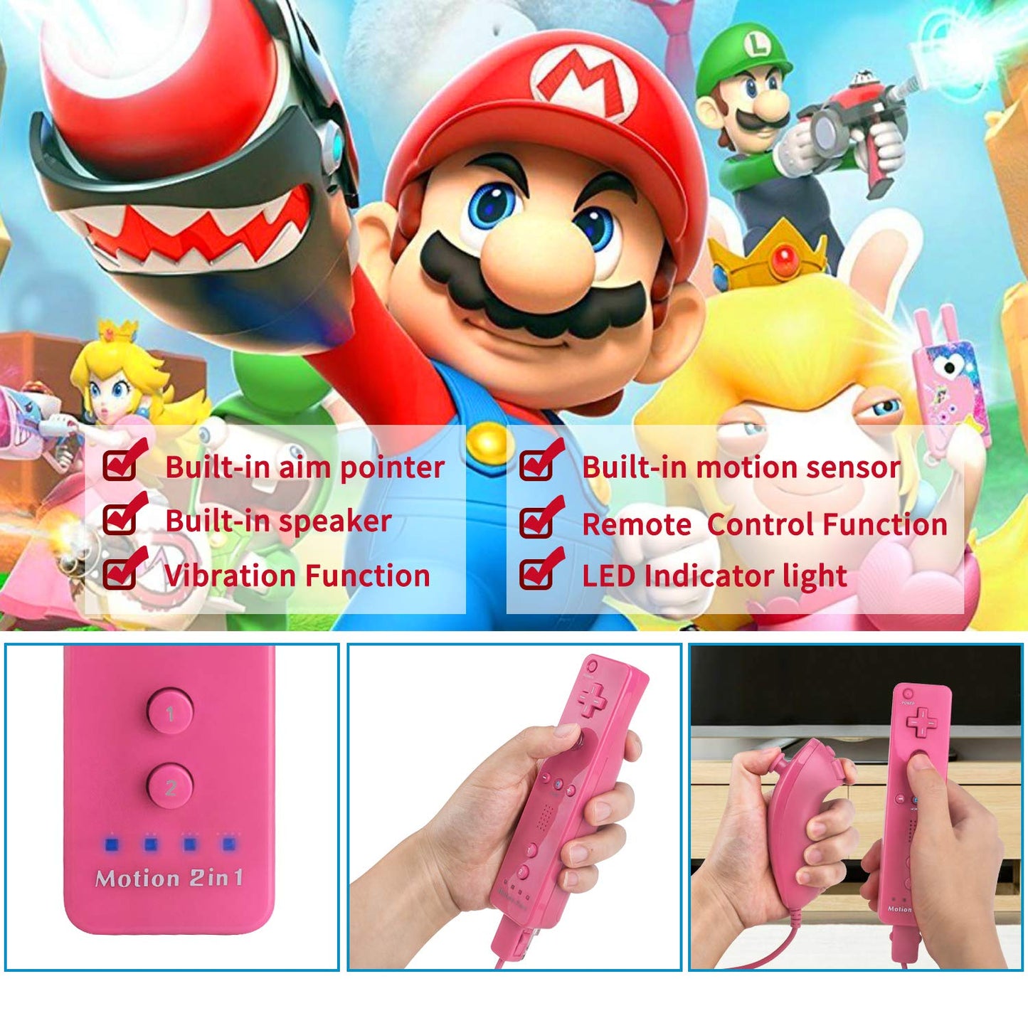 TechKen Wii Controller Replacement - 2 Pack, Compatible with Nintendo Wii/Wii U, 2 Pinks