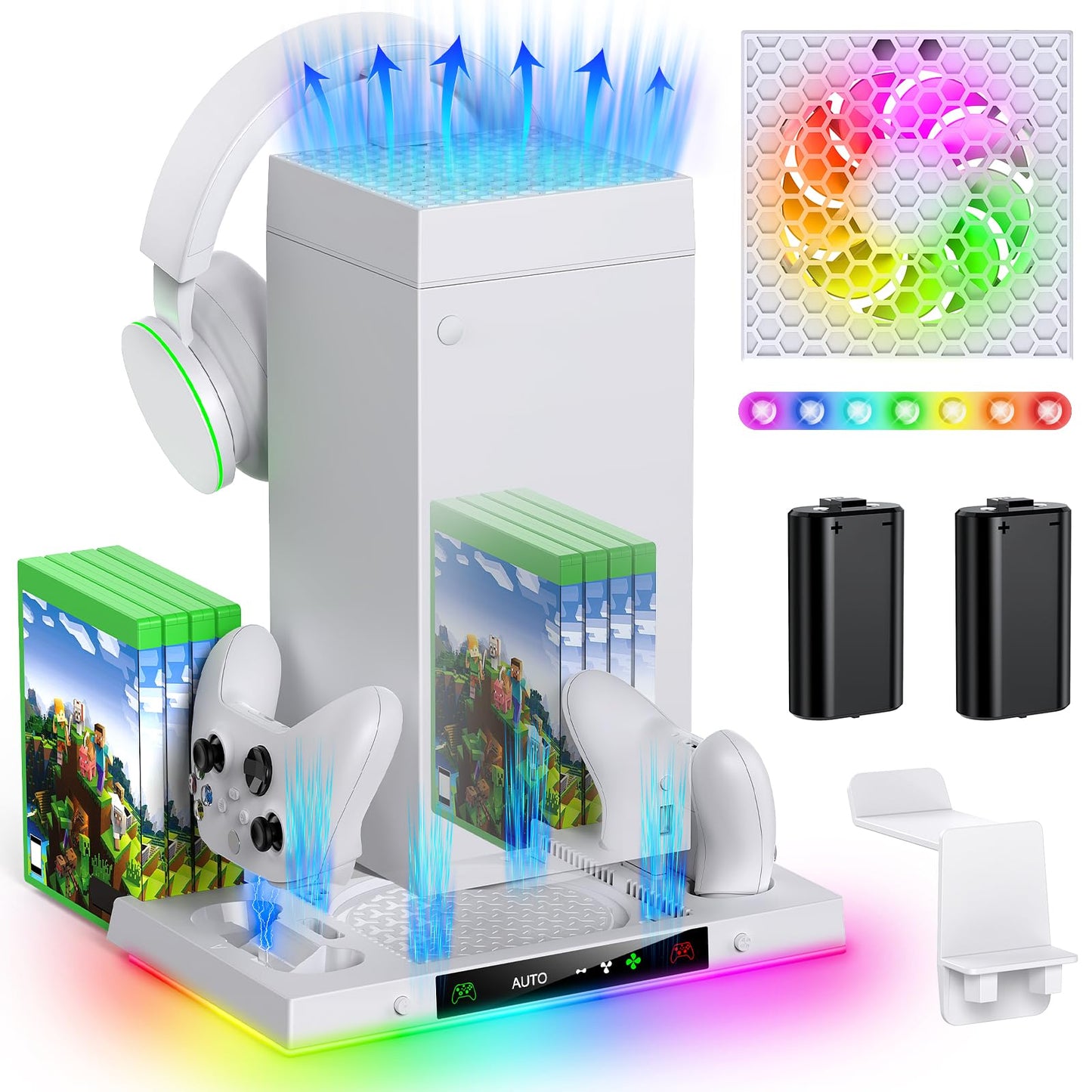 Auto Cooling Fan and Charge Stand Accessories for Xbox Series X Console with 15 Light Modes  Wireless Dual Charger Dock for XSX Controller  2* Rechargeable Batteries  Headset Stand & Game Disc Storage (White)