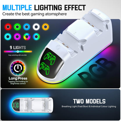 Rysker PS5 Controller Charger - Dual Charging Dock with RGB Light, Fast Charging for Dualsense & Edge, White