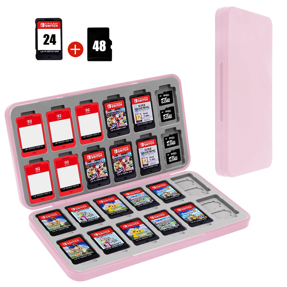 FYY Nintendo Switch Game Case Holder for Switch 2 refill unit Case with 24 Game Card sections & 48 Micro SD Card sections  Hard Shell  Silicone Lining Pink