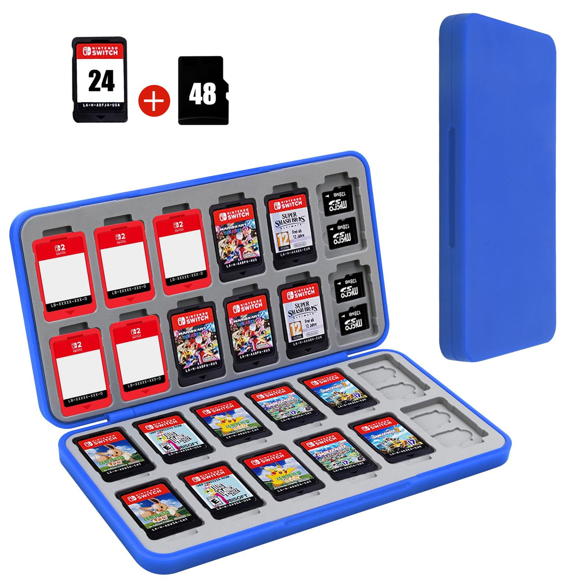 FYY Nintendo Switch Game Case Holder for Switch 2 refill unit Case with 24 Game Card sections & 48 Micro SD Card sections  Hard Shell  Silicone Lining Blue