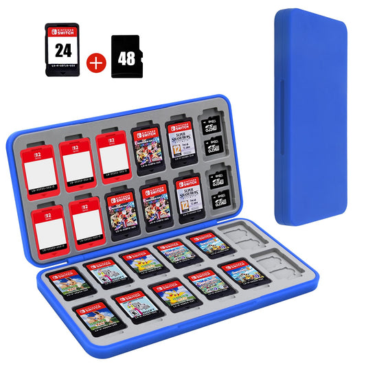 FYY Nintendo Switch Game Case Holder for Switch 2 refill unit Case with 24 Game Card sections & 48 Micro SD Card sections  Hard Shell  Silicone Lining Blue