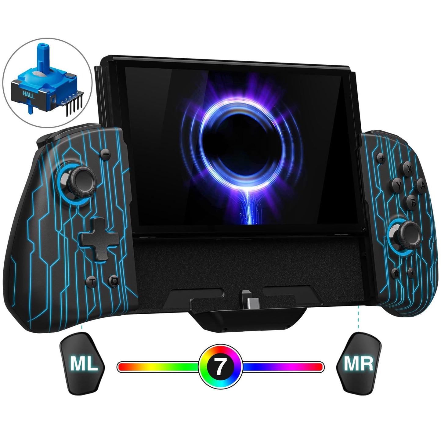 FUNLAB Switch Joypad Controller - Ergonomic Customizable Joycon, 7 LED Colors, Turbo, Black-Mech Cyber Pattern