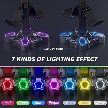 KDD RGB Gaming Headphones Stand - Rotatable, 9 Light Modes, 2 USB Ports, 3.5mm Jack, Black, Model KDD-019B