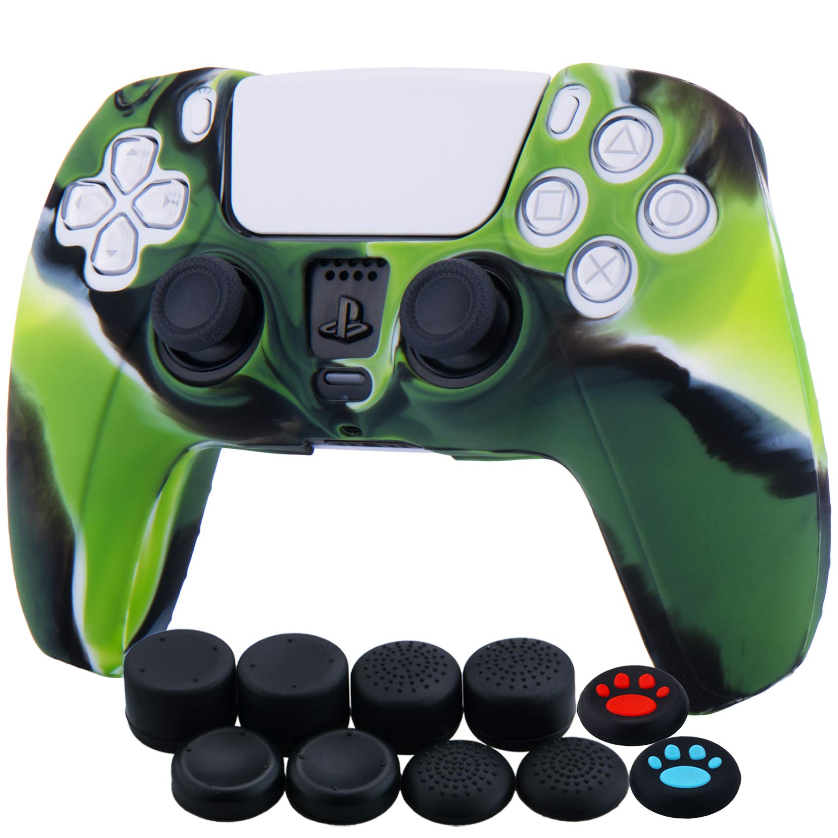 YoRHa Silicone Cover Skin Case for PS5 Controller x 1(Camouflage Green) with Thumb Grips x 10