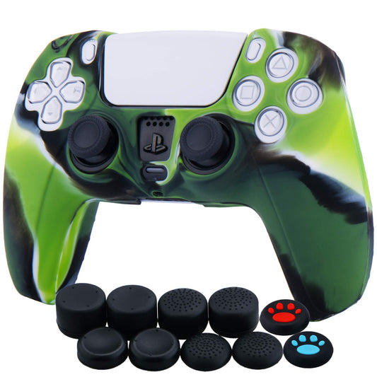 YoRHa Silicone Cover Skin Case for PS5 Controller x 1(Camouflage Green) with Thumb Grips x 10