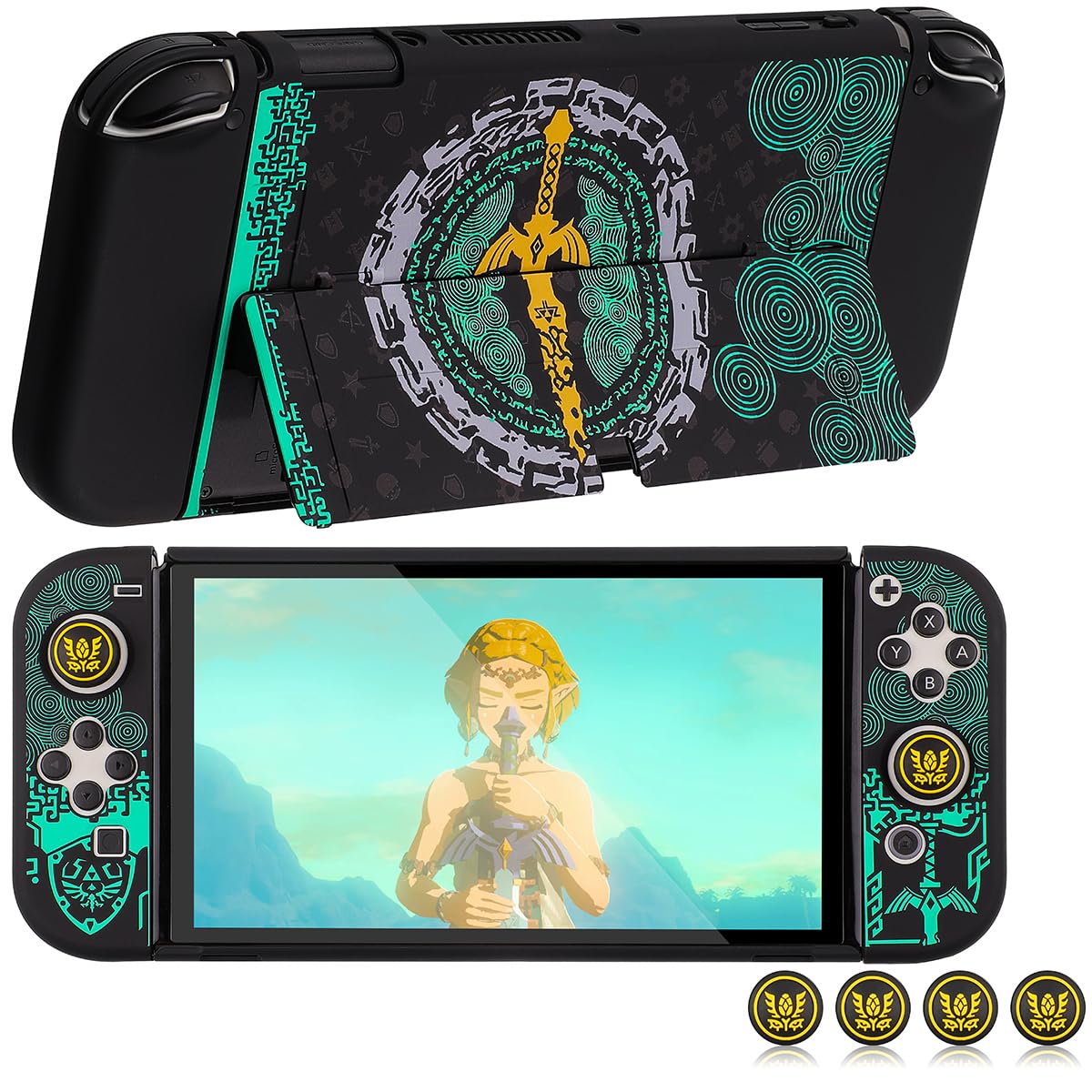 Zelda Switch OLED Carrying Case - Dockable Hard Shell Cover with 4 Thumb Grips for Joy-Con Controllers