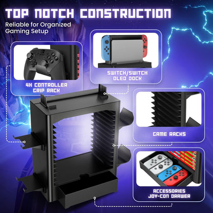 TNP Products Nintendo Switch Storage Tower - Game Organizer with 10 Cases, 4 Controller Racks, Joy-con Drawer - Black, Model NDSWT_STRG_TWR_10T