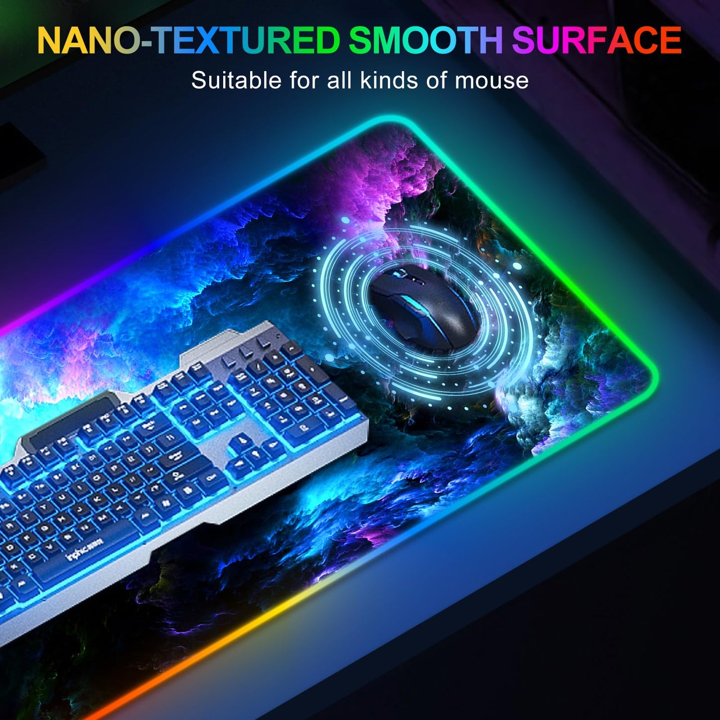 ARTSO RGB Gaming Mouse Pad XXL 35.4x15.7 inch, 14 Lighting Modes, Non-Slip Rubber Base, Fantasy Nebula Sky