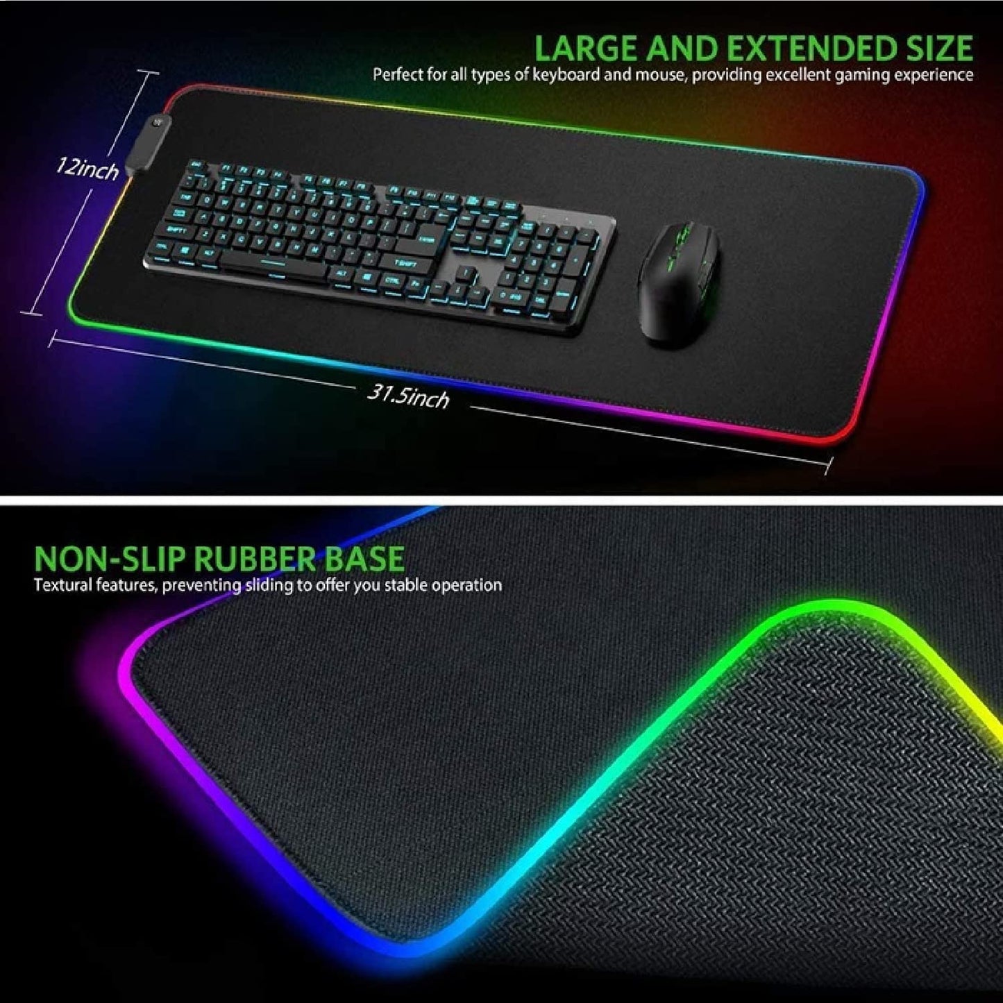 TalkWorks Extra Large RGB Gaming Mousepad - 12x31.5 inches, Black, Non-Slip Rubber Base, 7 Colors, 14 Lighting Modes, USB Interface