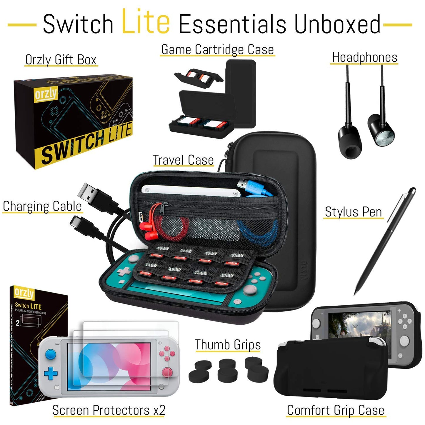Orzly Switch Lite Accessories Bundle - Case, Screen Protector, USB Cable, Black