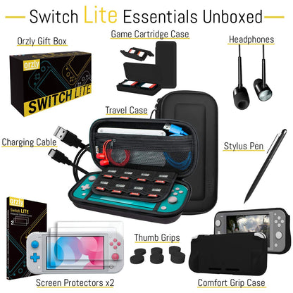 Orzly Switch Lite Accessories Bundle - Case, Screen Protector, USB Cable, Black