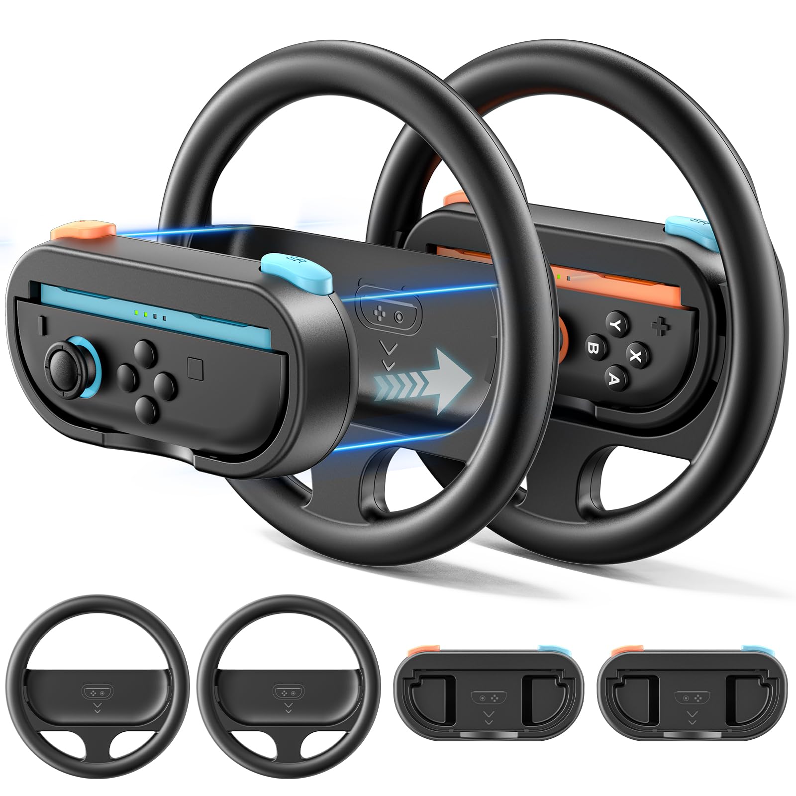 Steering Wheel & Grip for 2025 Switch 2 Joy-Cons  Switch 2 Racing Wheel with Detachable Controller Grip for Mario Kart World 8 Deluxe  Family Sports Party Switch Accessories -2 Packs  Orange & Blue