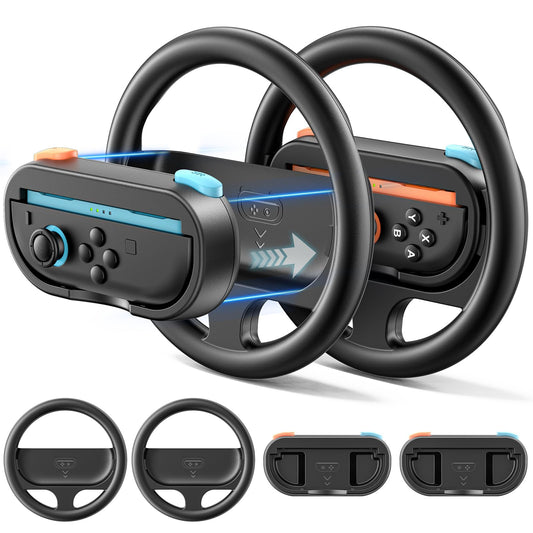 Steering Wheel & Grip for 2025 Switch 2 Joy-Cons  Switch 2 Racing Wheel with Detachable Controller Grip for Mario Kart World 8 Deluxe  Family Sports Party Switch Accessories -2 Packs  Orange & Blue