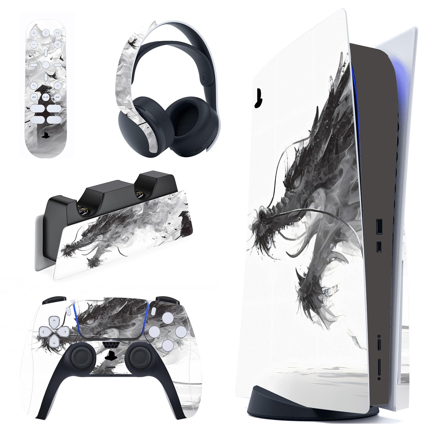 PlayVital Full Set Skin Decal for ps5 Console Disc Edition  Vinyl Sticker Decal Cover for ps5 Controller & Charging Station & Headset & Media Remote - Mistborn Dragon