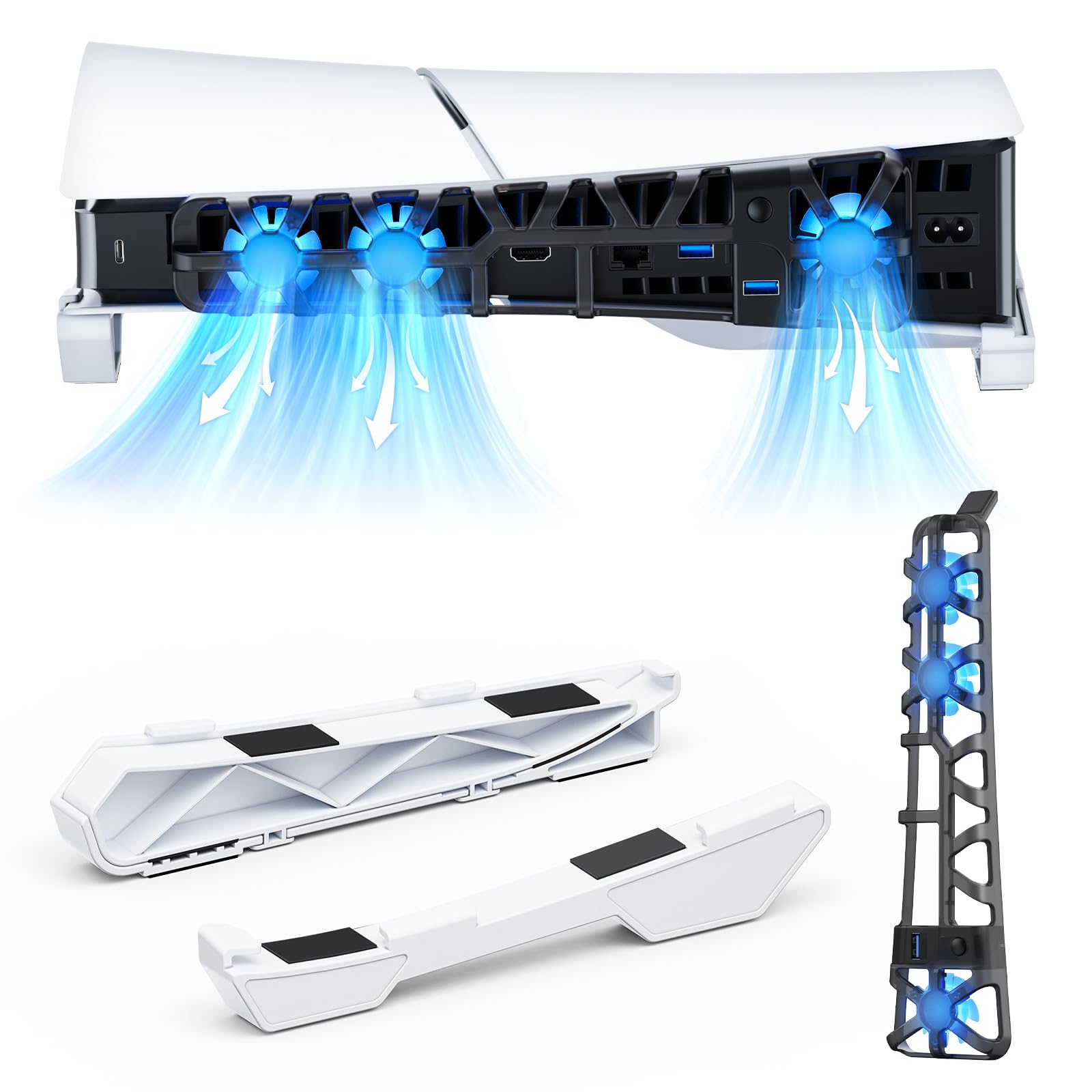 NexiGo PS5 Slim Horizontal Stand with Silent Enhanced Cooling Fan  Adjustable Speed  [Low Noise]  [Auto Power On/Off]  USB 3.0 Port  Built-in LED Light  for Both Disc and Digital Editions