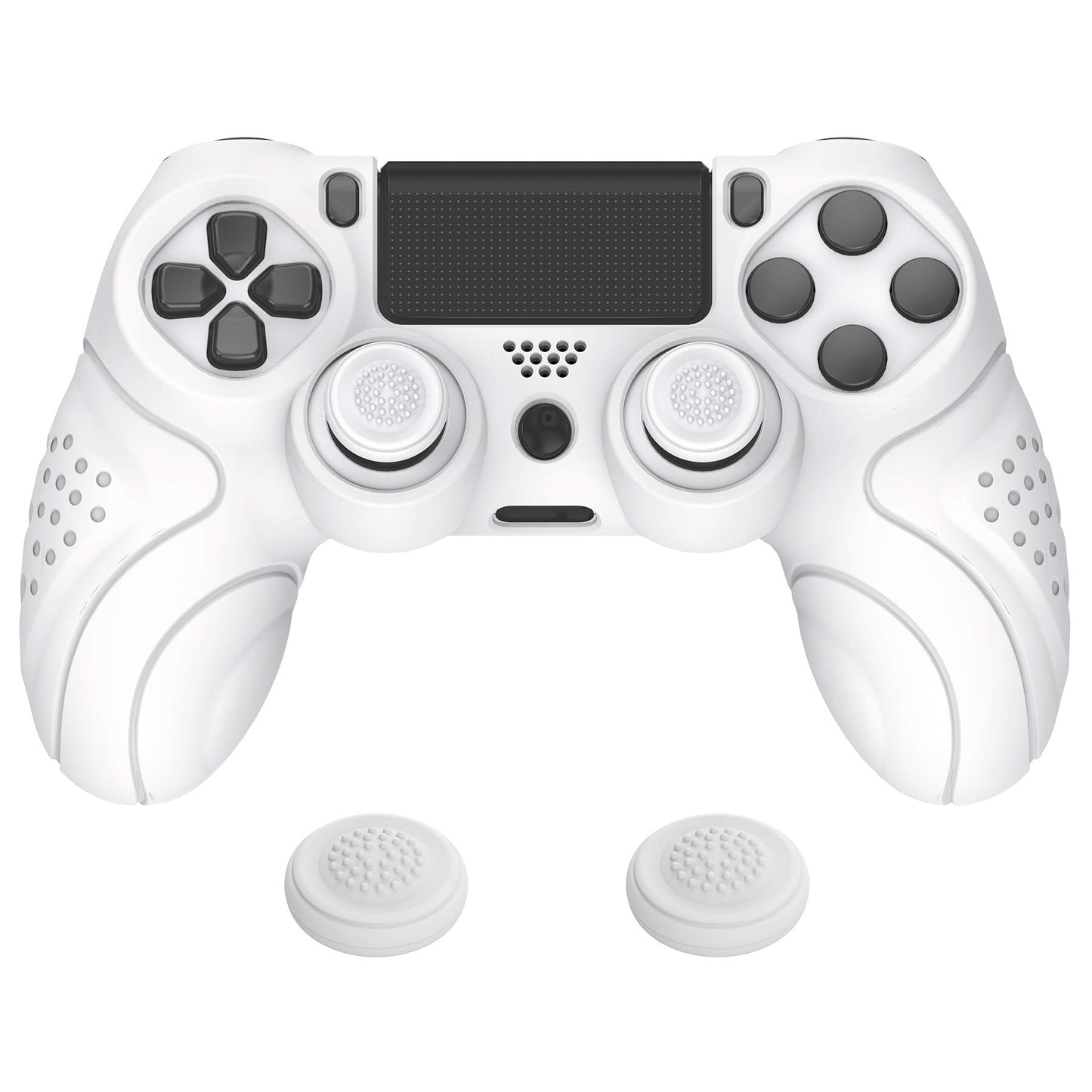 PlayVital Guardian Edition White Ergonomic Soft Anti-Slip Controller Silicone Case Cover for PS4 Slim/Pro  Rubber Protector with White Joystick Caps