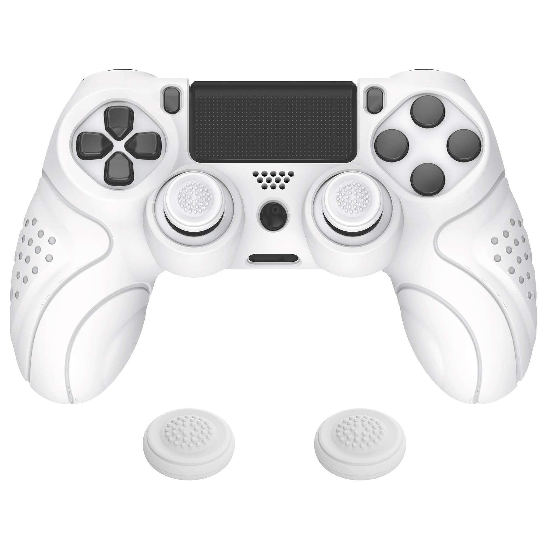PlayVital Guardian Edition White Ergonomic Soft Anti-Slip Controller Silicone Case Cover for PS4 Slim/Pro  Rubber Protector with White Joystick Caps
