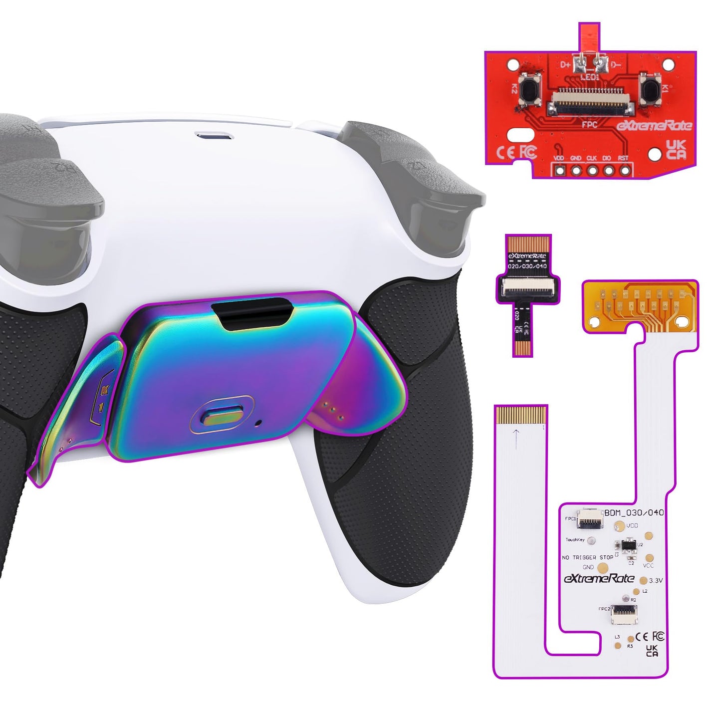 eXtremeRate Rainbow Aura Blue Purple Real Metal Buttons RMB Rise V3 Remap Kit for PS5 Controller BDM-030 040 050  Black Rubberized Grip White Bottom Shell Programable Back Buttons for PS5 Controller