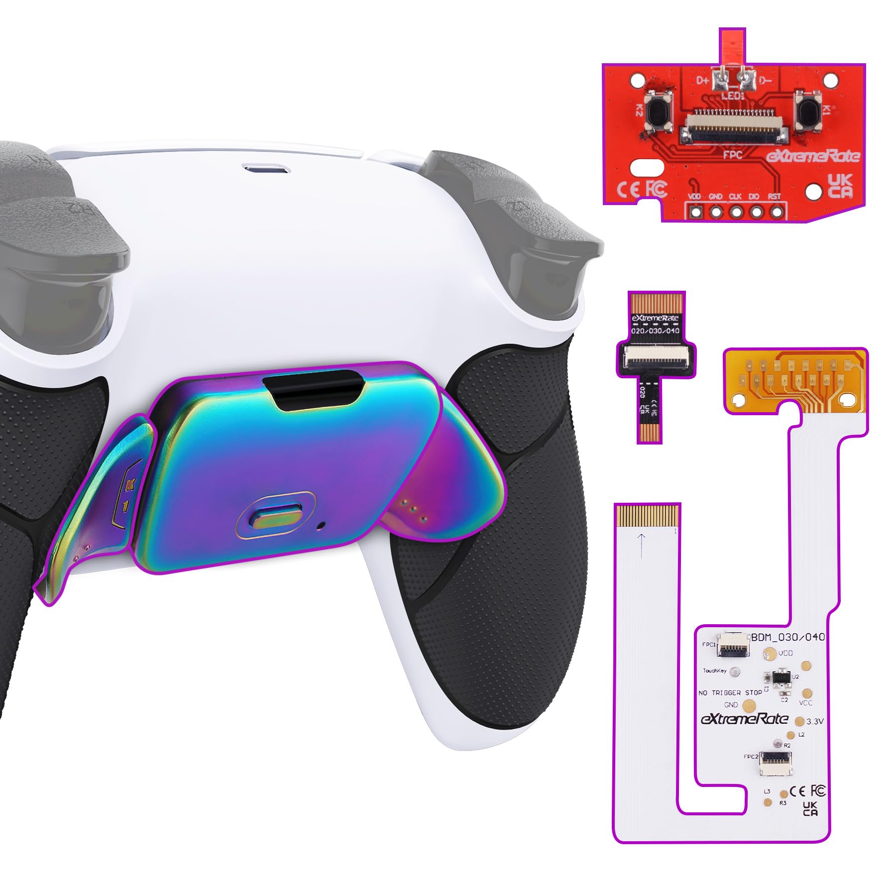 eXtremeRate Rainbow Aura Blue Purple Real Metal Buttons RMB Rise V3 Remap Kit for PS5 Controller BDM-030 040 050  Black Rubberized Grip White Bottom Shell Programable Back Buttons for PS5 Controller