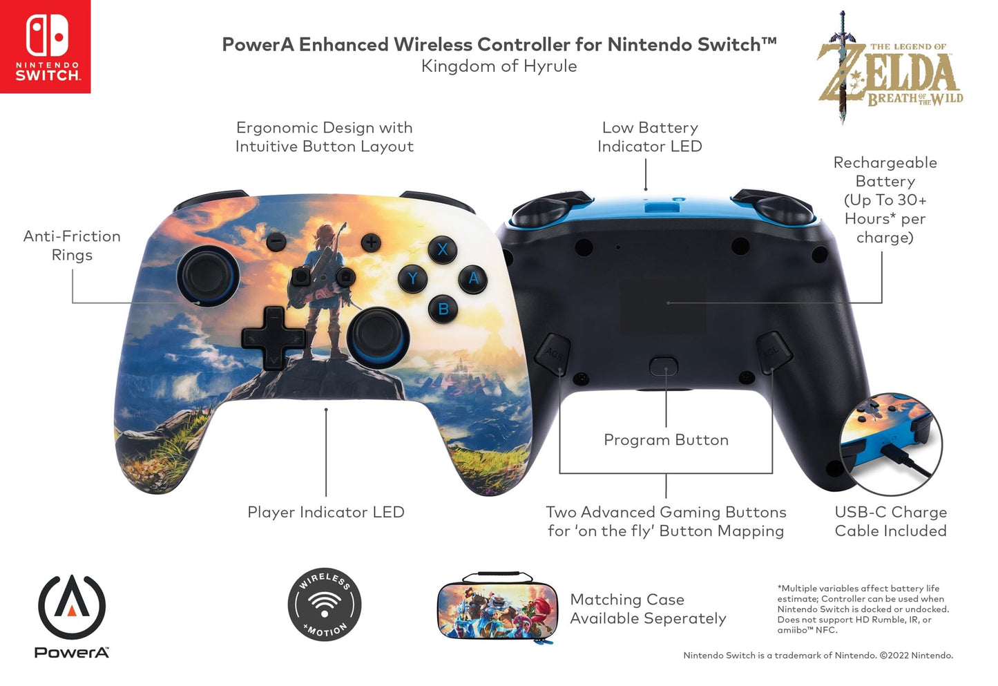 PowerA Enhanced Wireless Controller for Nintendo Switch - Kingdom of Hyrule, Officially Licensed Gamepad, Model 1526541-01