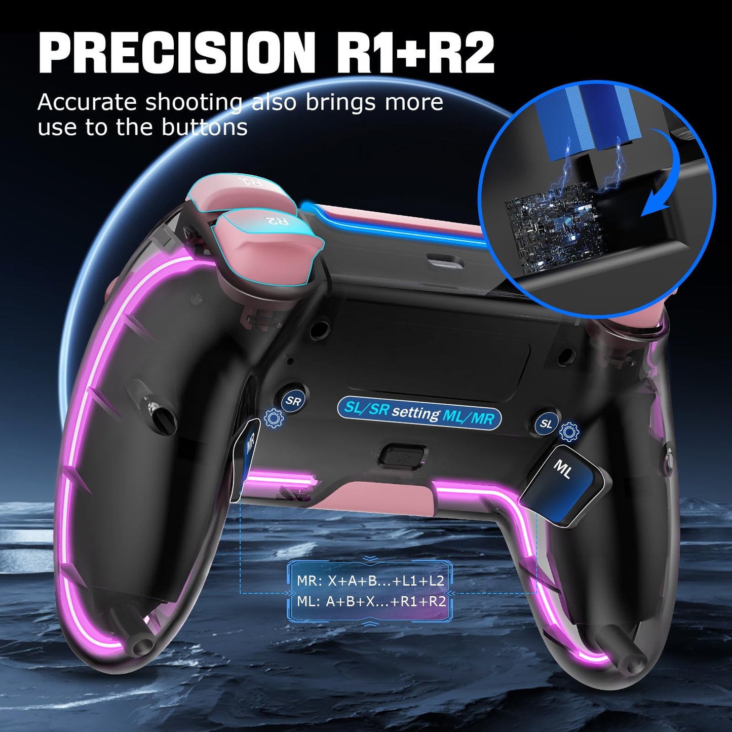 BRHE Wireless PS4 Controller - Pink, Hall 3D Joysticks, RGB LED Lights, Programmable Funtion for PS4/Slim/Pro