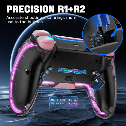 BRHE Wireless PS4 Controller - Pink, Hall 3D Joysticks, RGB LED Lights, Programmable Funtion for PS4/Slim/Pro