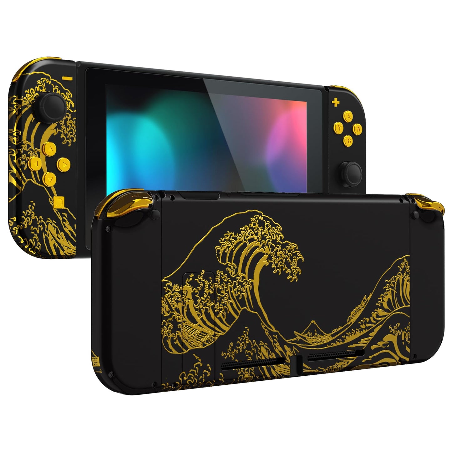eXtremeRate DIY Replacement Shell Buttons for Nintendo Switch  Back Plate for Switch Console  Housing with Full Set Buttons for Joycon Handheld Controller - The Great Golden Wave Off Kanagawa - Black