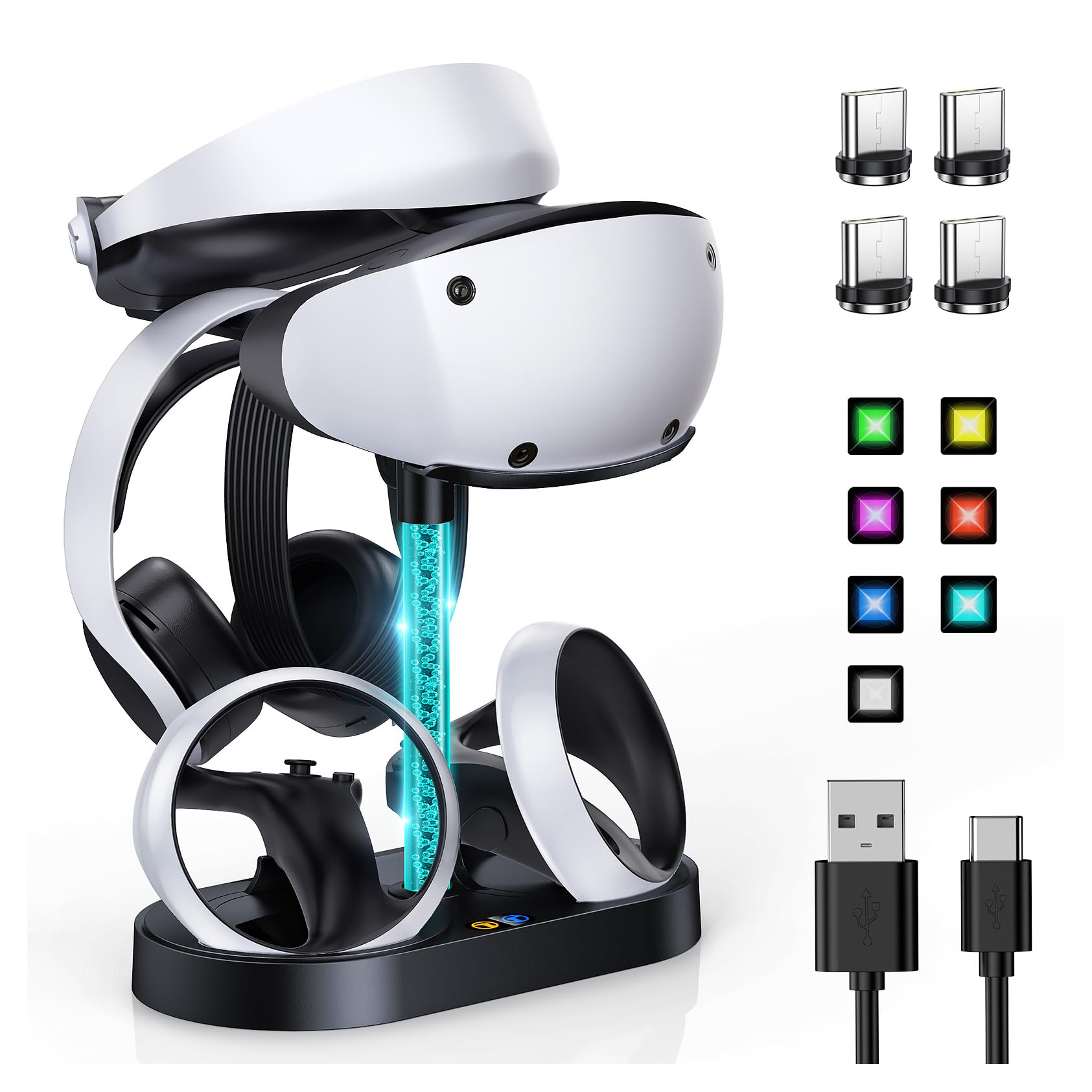 FASTSNAIL Charging Stand for PlayStation VR2  Multifunction Vertical PS VR2 Headset & Sense Controllers Charge Dock Station with 10 RGB Light Modes of Memory for PS5 VR2 Accessories