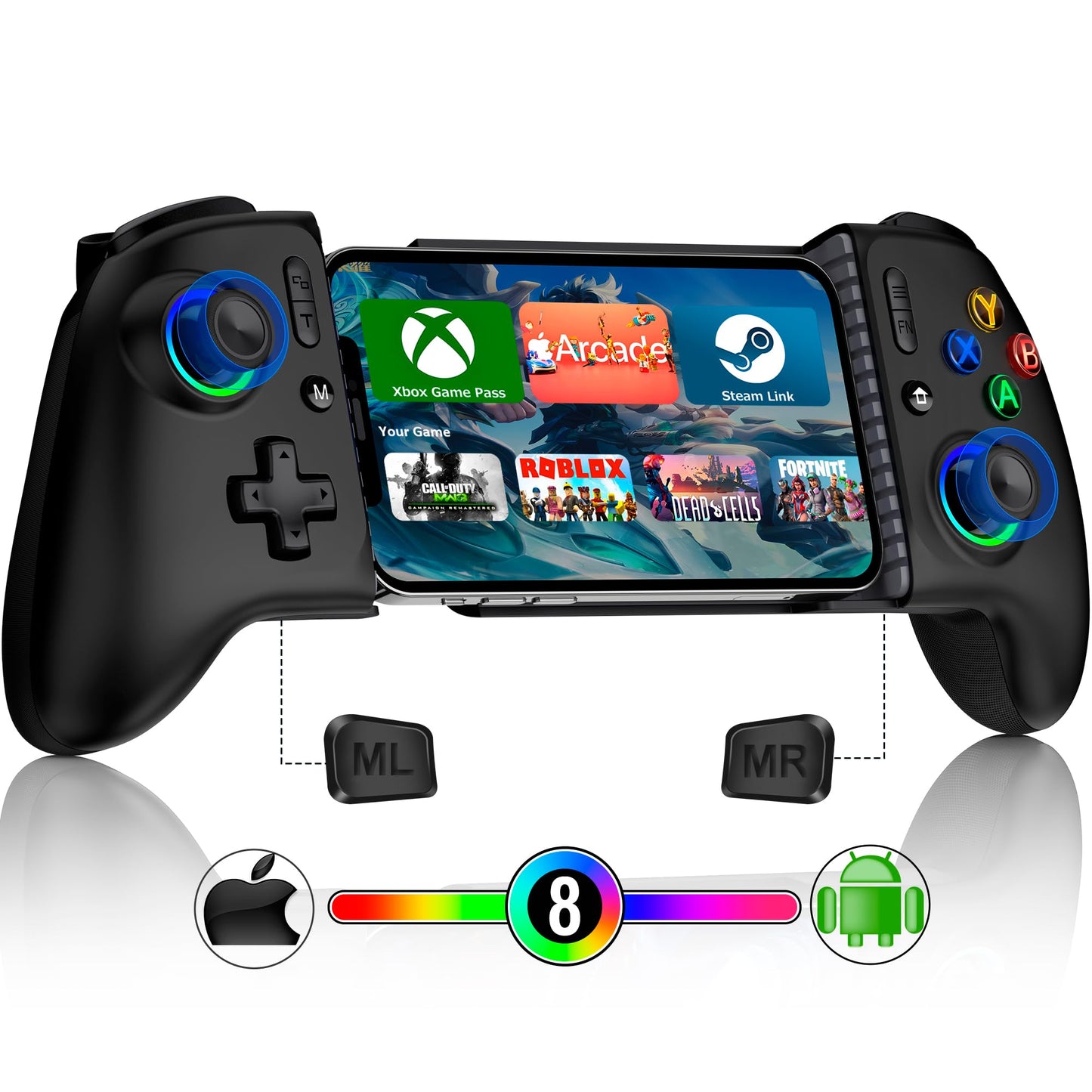 Mocagen Mobile Gaming Controller  MC2 Phone Controller for iPhone/Android Handheld Gaming with Programmable/Hall Effect Joysticks & Analog Triggers/Adjustable Light/Turbo
