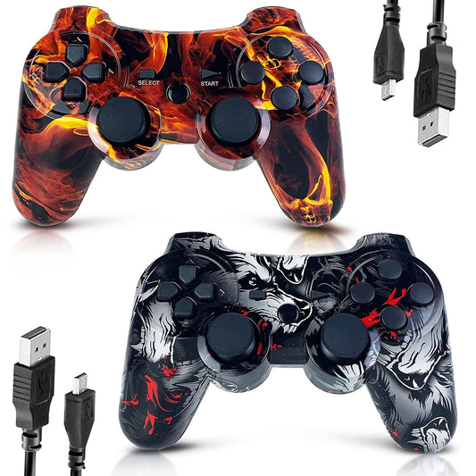CHENGDAO PS3 Controller 2 Pack - High-Performance Wireless with Double Vibration, Motion Control, Flame & Wolf Color