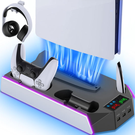 PS5/PS5-Slim-Cooling-Station-with-Controller-Charging-Station for PlayStation 5 Console Disc/Digital  LED Light Cooling Stand with Cooler Fan for PS5 Accessories with 3 USB Hubs/Headset Holder