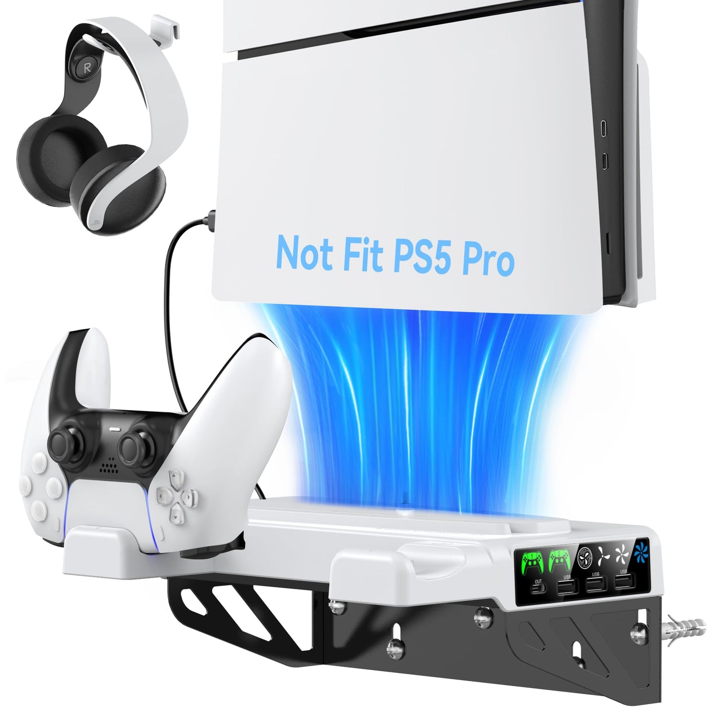 PS5 Slim Wall Mount Kit with Cooling Fan & Charging Station  PS5 Shelf Floating Mount for PS5/PS5 Slim Disc & Digital Console  PS5 Wall Bracket Behind TV  PS5 Slim Accessories PS5 Cooling Station