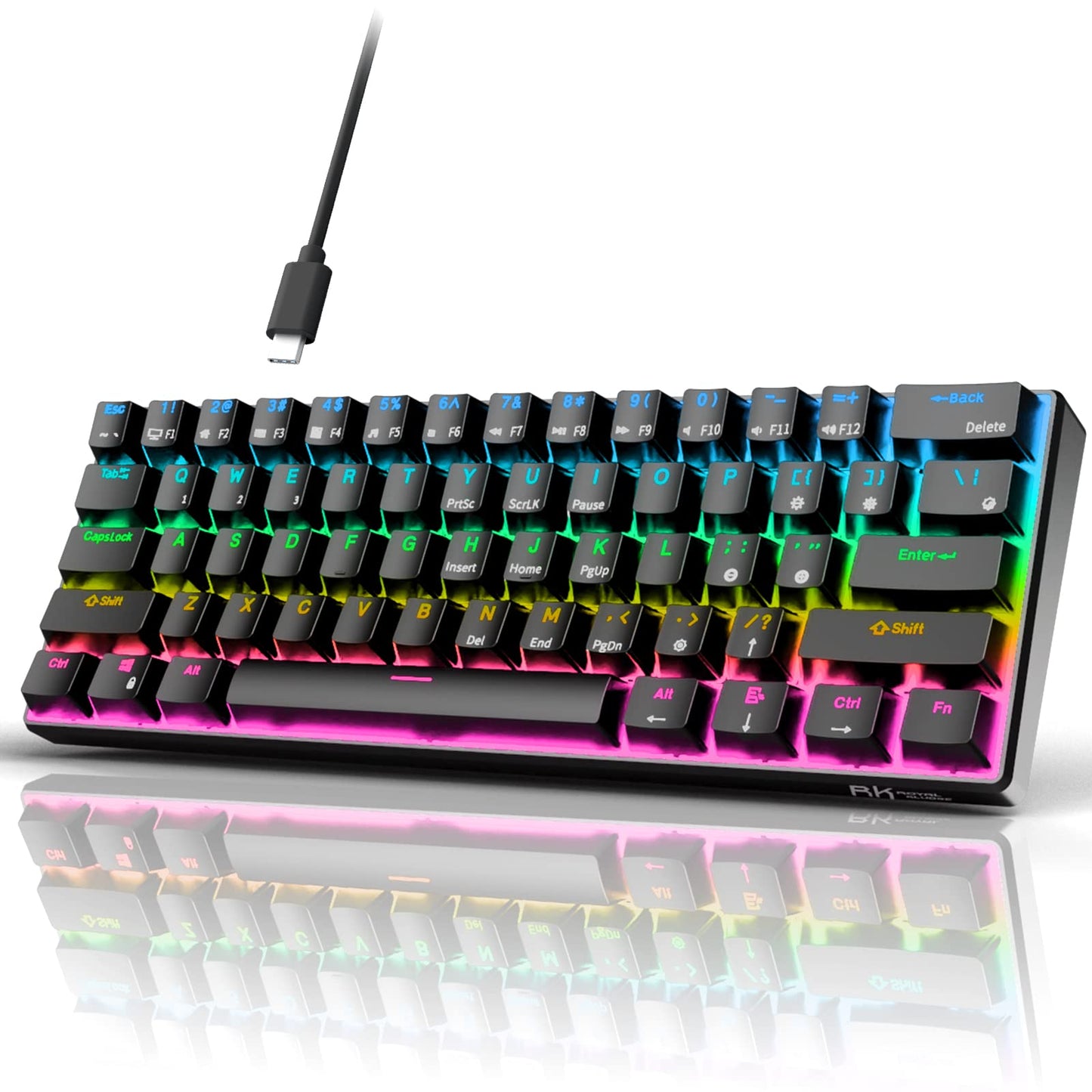 RK ROYAL KLUDGE RK61 Wired 60% Mechanical Gaming Keyboard, Hot-Swappable Blue Switch, RGB Backlit, Compact, Black