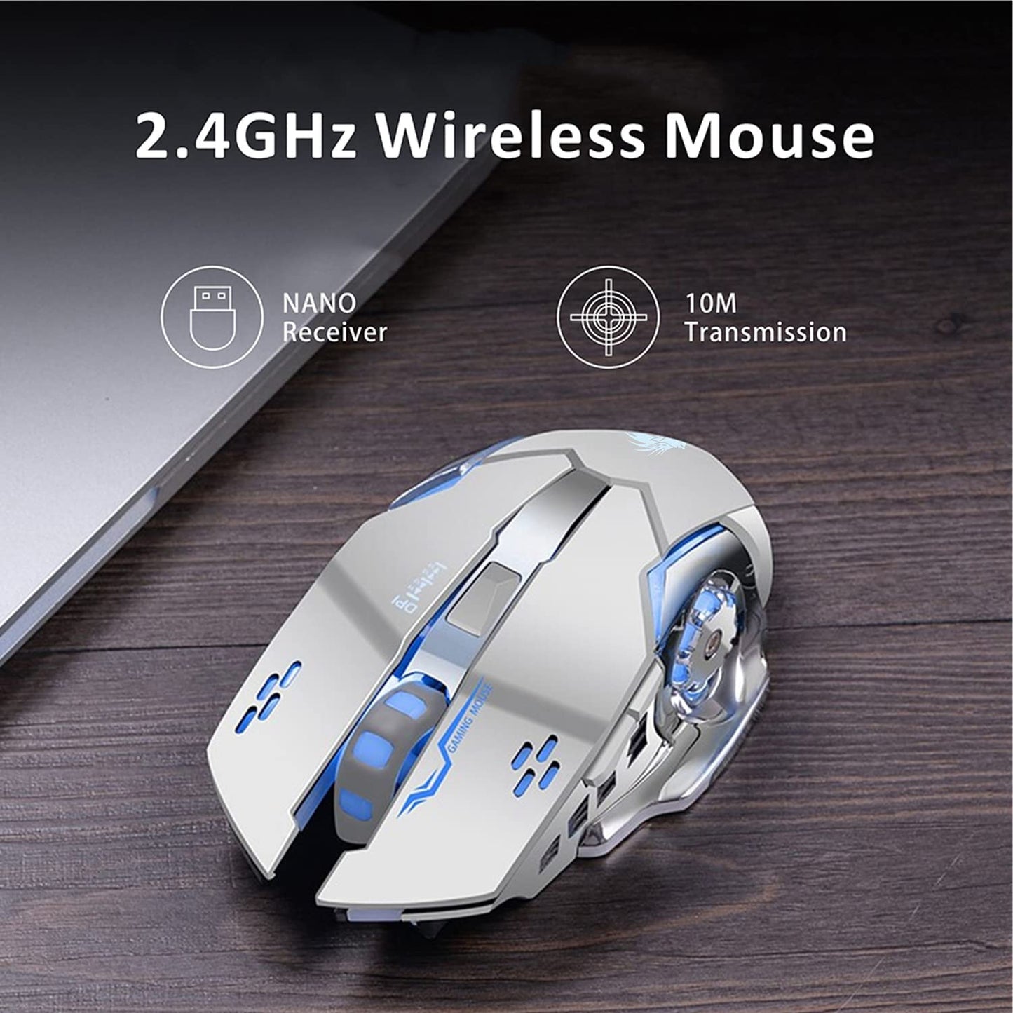 Uciefy Q85 Wireless Gaming Mouse - 2.4G LED Optical, Silent, 3 DPI Settings, Ergonomic Design, Silver