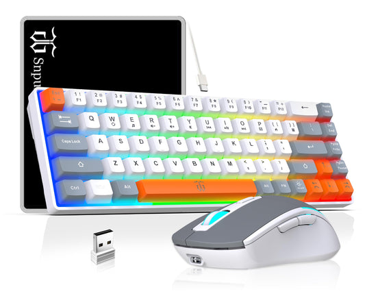 Snpurdiri 60% Wireless Gaming Keyboard and Mouse Combo Rainbow Backlit Rechargeable 2000mAh Battery Mini Mechanical Feel Keyboard +Popular RGB Mice for Gaming Business Office(Gray-White-Orange)