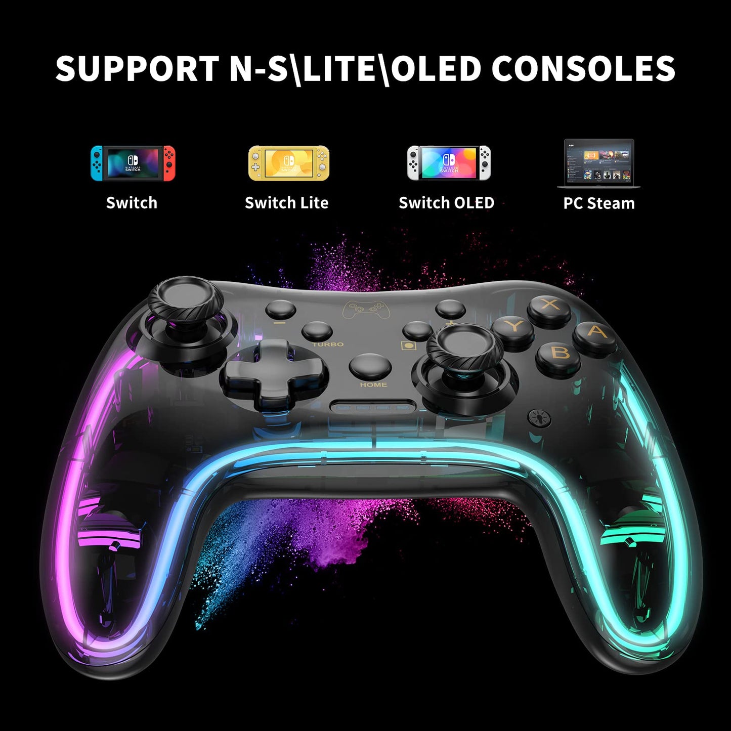 Manba Switch Pro Controller - Wireless, Turbo Support, Adjustable LED, Compatible with Switch/Switch Lite/OLED, Black (Model: STK-7039RG)