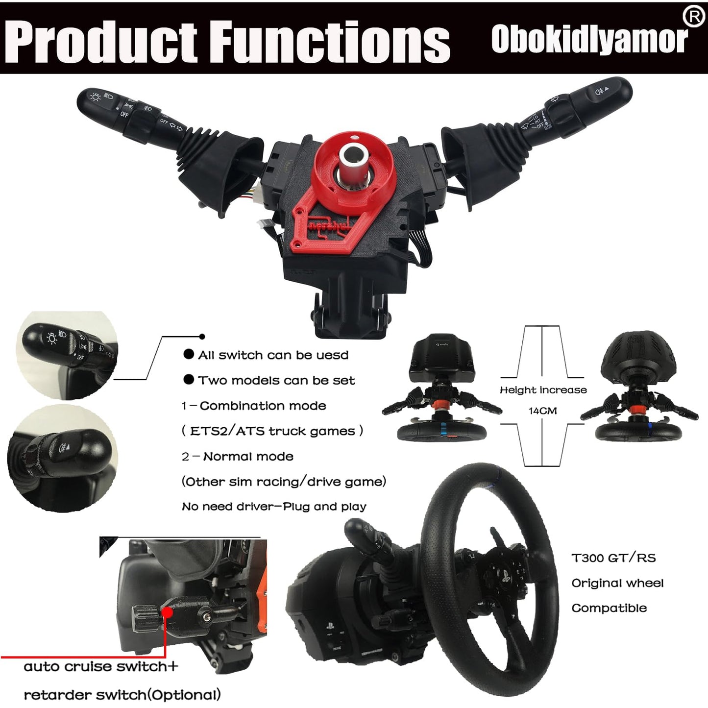 Obokidly DIY Racing Simulator Steering Wheel Turn Signal Wiper Lever Switch for Logitech G27/G29 - Black Upgrade Type