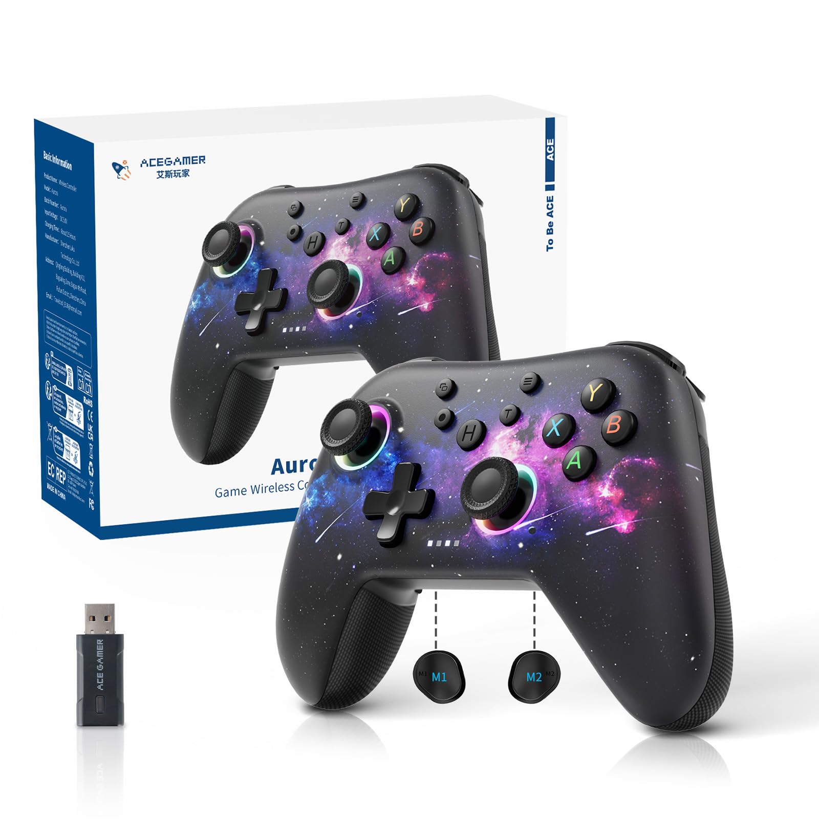 AceGamer Aurora II 2.4G Wireless Bluetooth Controller for PC/Android/Switch/iOS/Switch 2/Steam Deck with Rotary Motors  RGB Hall Effect Joysticks - Upgraded PC Gaming Controller and Back Buttons Lock (Galaxy)
